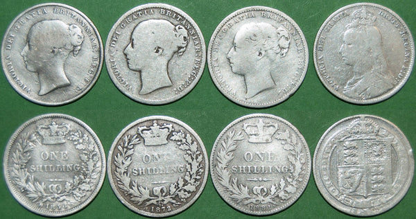 A quartet of Victoria shillings with examples of second, third, fourth and Jubilee busts. The dates are 1856, 1872, 1881 and 1892. All bar the second are cleaned and grades vary from fair to fine. The price for the four is £40.