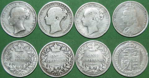 A quartet of Victoria shillings with examples of second, third, fourth and Jubilee busts. The dates are 1856, 1872, 1881 and 1892. All bar the second are cleaned and grades vary from fair to fine. The price for the four is £40.