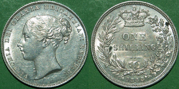 Victoria 1858 shilling with Davies obverse 4, used from 1859 onwards. This much rarer than the usual obverse 2 for this date. Light wear to both sides, and extremely fine, the reverse a little better but has a couple spots. The price is £395.