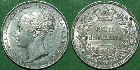 Victoria 1858 shilling with Davies obverse 4, used from 1859 onwards. This much rarer than the usual obverse 2 for this date. Light wear to both sides, and extremely fine, the reverse a little better but has a couple spots. The price is £395.