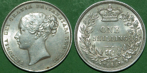 Victoria 1858 shilling with light rub to the high points and a tiny hairline behind the neck. Extremely fine or a little better. Davies obverse 2, the usual  type. The price is £180.