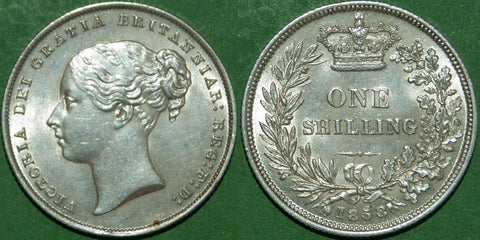 Victoria 1858 shilling with light rub to the high points and a tiny hairline behind the neck. Extremely fine or a little better. Davies obverse 2, the usual  type. The price is £180.