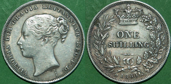 Victoria 1860 young head shilling with light wear  but multiple scratches to the reverse. The grade is nearly extremely fine, but with the caveat of the marks seen. The price is £100.