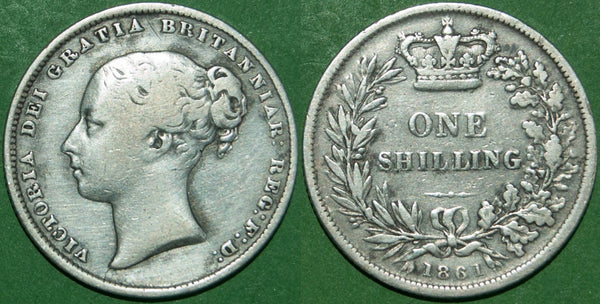 Victoria 1861 shilling with general wear and grades good fine. The price is £25.