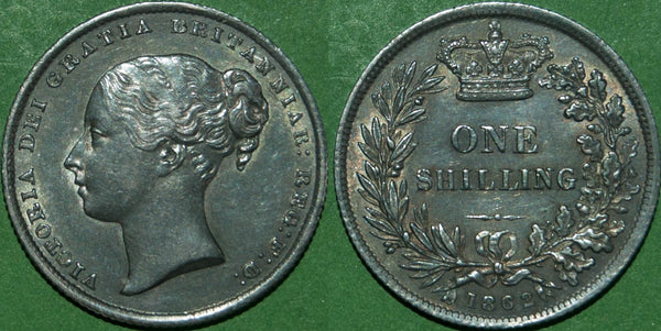 Victoria 1862 shilling with a deep tone and light wear to the high points. Extremely fine and rare in this grade. The price is £350.
