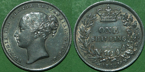 Victoria 1862 shilling with a deep tone and light wear to the high points. Extremely fine and rare in this grade. The price is £350.