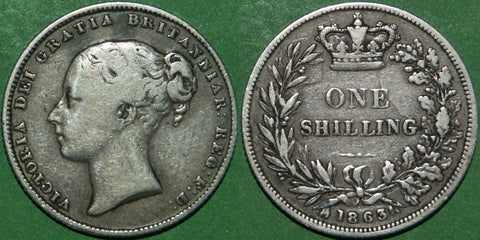 Victoria 1863 shilling with general wear and grades fine, with the reverse better. A rare date. The price is £125.