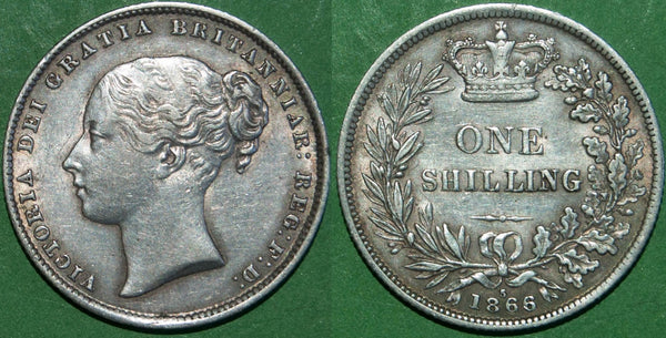 Victoria 1866 young head shilling with reverse die number 5, this not recorded in ESC for the date. Light toning and wear, it grades nearly extremely fine. The price is £100.