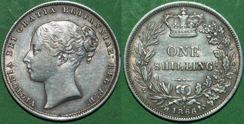 Victoria 1866 young head shilling with reverse die number 5, this not recorded in ESC for the date. Light toning and wear, it grades nearly extremely fine. The price is £100.