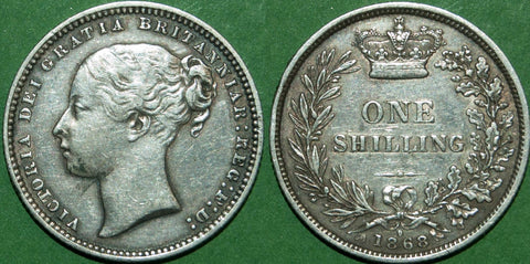 Victoria 1868 third young head shilling with die number 9. Toned with light wear to the higher points and a couple of marks to the neck. Good very fine and the price is £80.