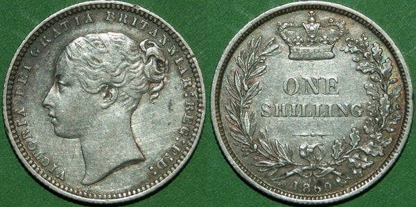Victoria 1869 shilling die number 15. Toned with even wear to both sides and a couple of obverse rim marks. A scarce date and better than very fine. The price is £50.