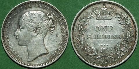 Victoria 1869 shilling die number 15. Toned with even wear to both sides and a couple of obverse rim marks. A scarce date and better than very fine. The price is £50.