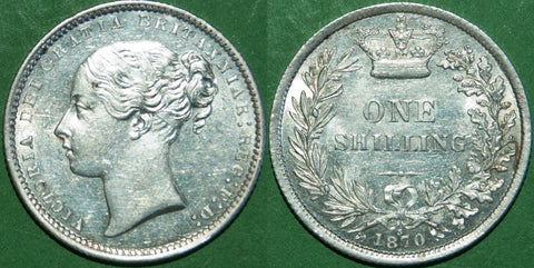 Victoria 1870 third young head shilling with brilliant field, minimal wear and a couple tiny contact marks. The grade is good extremely fine and the price is £250.