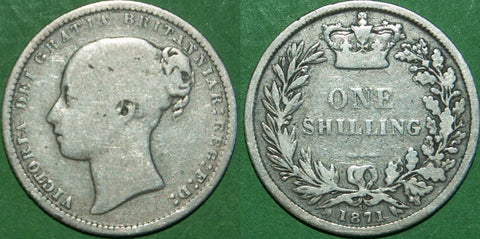 Victoria 1871 shilling with die number 39. Worn  and almost fine. The price is £15.