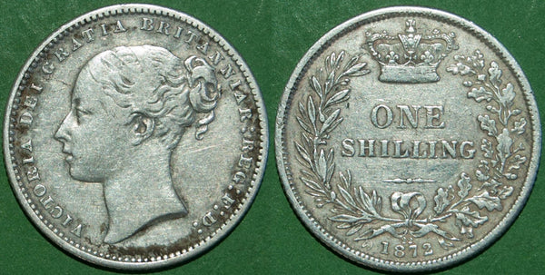Victoria 1872 shilling with die no. 22. Even moderate wear with some scratches to both sides and nearly very fine. The price is £25.