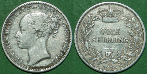 Victoria 1872 shilling with die no. 22. Even moderate wear with some scratches to both sides and nearly very fine. The price is £25.