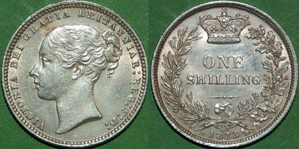 Victoria 1873 shilling with light toning. The obverse with small contact marks and has been rubbed. This nearly extremely fine while the reverse is better and extremely fine. The price is £95.