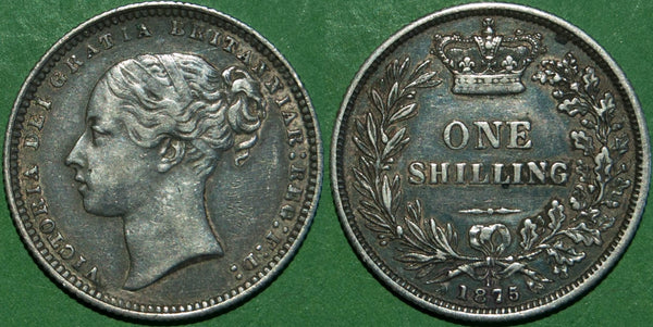 Victoria 1875 young head shilling with reverse die no.10. Cleaned and subsequently retoned with some wear to both sides and small contact marks in the obverse field. Grades as better than very fine and the price is £55.