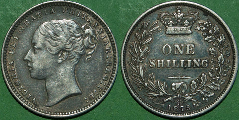Victoria 1875 young head shilling with reverse die no.10. Cleaned and subsequently retoned with some wear to both sides and small contact marks in the obverse field. Grades as better than very fine and the price is £55.