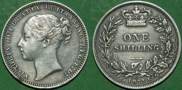 Victoria 1877 shilling with die number 1. General wear with multiple small contact marks and has been cleaned. Grades very fine and the price is £35.