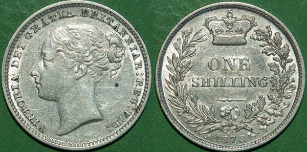 Victoria 1878 third head shilling with die number 65. Light wear and a scrape below the chin. Grades nearly extremely fine with the reverse slightly better. The price is £125. Scarce.