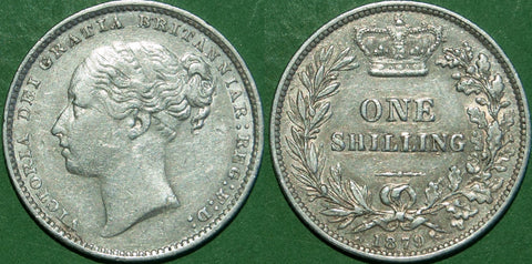 Victoria 1879 fourth young head shilling with no die number. It retains decent detail and grades nearly extremely fine, but there are many small contact marks. The price is £60.