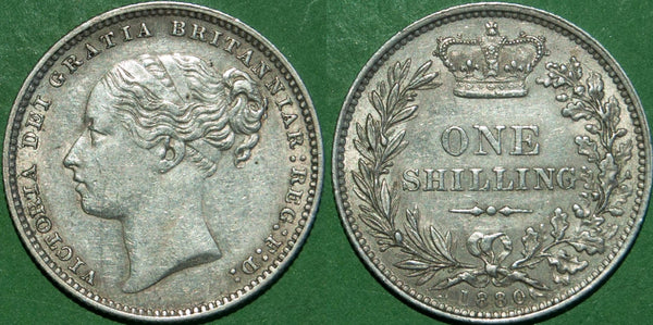 Victoria 1880 shilling with good detail but many small contact marks. The grade is nearly extremely fine and the price is £70.