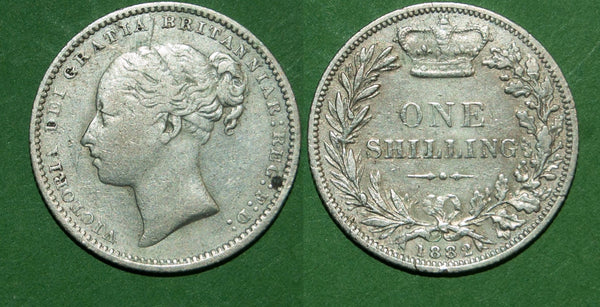 Victoria 1882 shilling. cleaned with surface marks and grades good fine to nearly very fine. The price is £25. A scarce date.