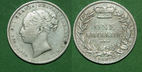 Victoria 1882 shilling. cleaned with surface marks and grades good fine to nearly very fine. The price is £25. A scarce date.