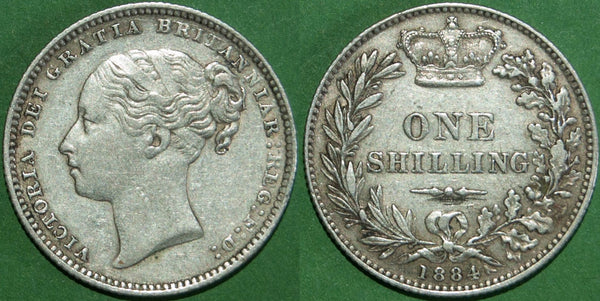 Victoria 1884 shilling. Toned with some wear. The grade is good very fine or slightly better and the price is £65. 