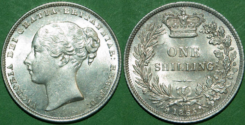 A Victoria 1865 second young head shilling with die number 115. Practically as struck with cabinet friction to the reverse only.  This uncirculated/good extremely fine and the price is £325..