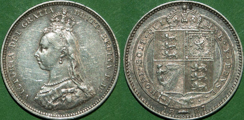 Victoria 1887 Jubilee head shilling with wear to the higher points. Toned, good very fine and the price is £12.