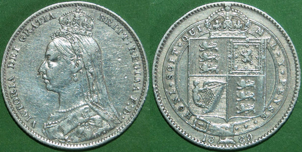 Victoria 1889 large Jubilee head shilling. Bright with even wear and the obverse lightly polished. Grades very fine and the price is £15.