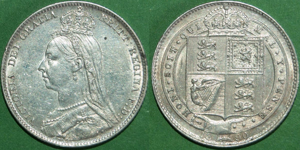 Victoria 1890 Jubilee Head shilling with light wear only and almost extremely fine. The price is £50.