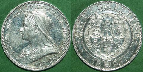 Victoria 1893 shilling. Bright, practically as struck and uncirculated. The price is £100.