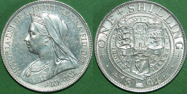 Victoria 1894 shilling. Practically as struck for wear, but unfortunately has tooled scratches following the lines of the veil relief. The price is £50.
