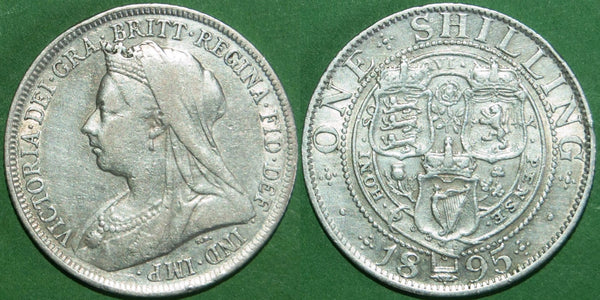 Victoria 1895 old head shilling with the large rose reverse. Even wear to both sides and  very fine. the price is £15.