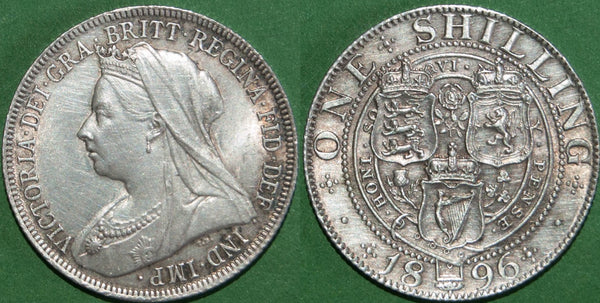 Victoria 1896 shilling with only a trace of wear and a few hairlines visible under magnification. Toned, good extremely fine and the price is £65.