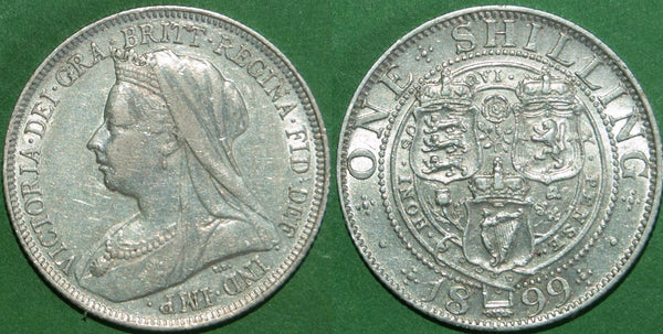 Victoria 1899 shilling with wear to the portrait which has also been tooled and less to the reverse.  Grades very fine to good very fine and the price is £15.
