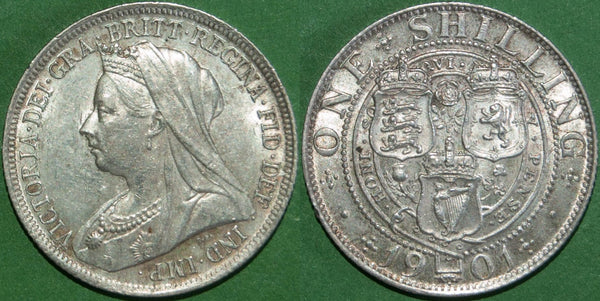 Victoria 1901 old head shilling, toned with light wear and almost extremely fine. The price is £45.