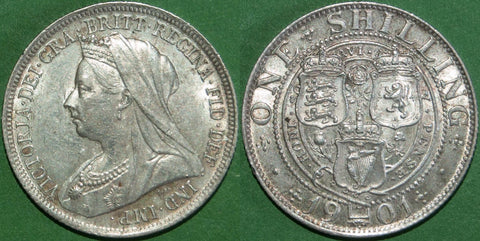 Victoria 1901 old head shilling, toned with light wear and almost extremely fine. The price is £45.
