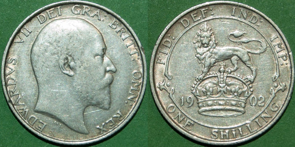 Edward VII 1902 shilling with a pleasing gold tone and moderate wear. Grades a bold very fine to good very fine. The price is £30.