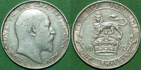 Edward VII 1902 shilling with a pleasing gold tone and moderate wear. Grades a bold very fine to good very fine. The price is £30.