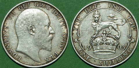 A scarce 1903 shilling with light wear to the high points and good very fine. The price is £75.