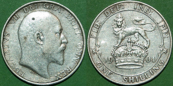Edward VII 1904 shilling with moderate wear, tiny contact marks and a spot in the hair. Grades very fine and the price is £35. Scarce.