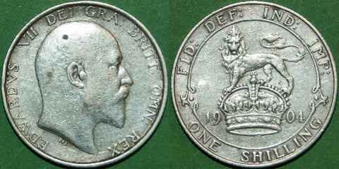Edward VII 1904 shilling with moderate wear, tiny contact marks and a spot in the hair. Grades very fine and the price is £35. Scarce.