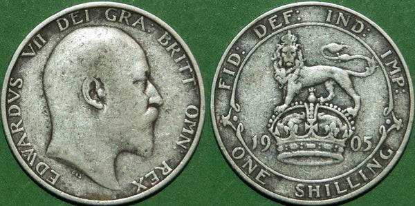 A 1905 shilling with general wear to both sides, grades good fine and the key date. Rare. The price is £150.