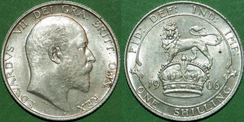 Edward VII 1906 shilling with minimal friction and lightly toned. Grades good extremely fine and the price is £125.