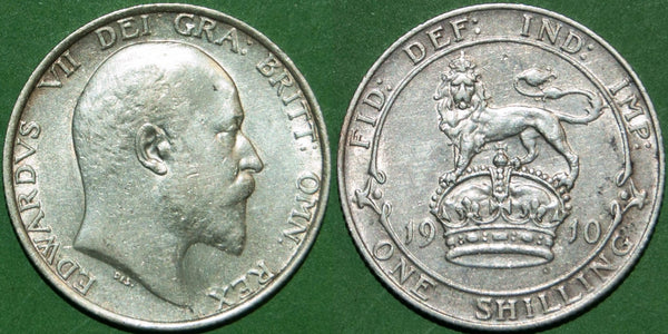 Edward VII 1910 shilling with light wear and minor contact marks. Nearly extremely fine and the price is £50.