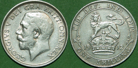 1912 shilling moderatte wear to the higher points, but has been cleaned. Grades very fine and the price is £12.